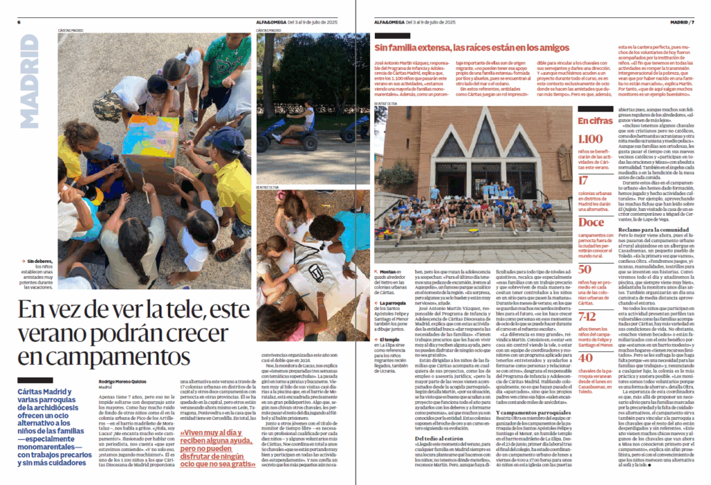 Artículo del semanario madrileño Alfa y Omega sobre los campamentos de verano en La Elipa y otras parroquias de Madrid.